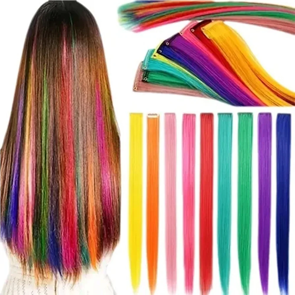 Synthetic Hairpieces10 Pcs Clip in Hair Extensions 22 Inch Colored Party Highlights Long Straight  for Women Kids Girls Raindow
