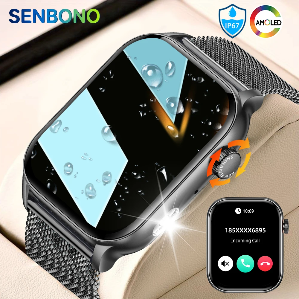 SENBONO AMOLED Smart Watch Bluetooth Call LED Flashlight 100+ Sport Modes Custom Dial AI Assistant Smartwatch for Men Women