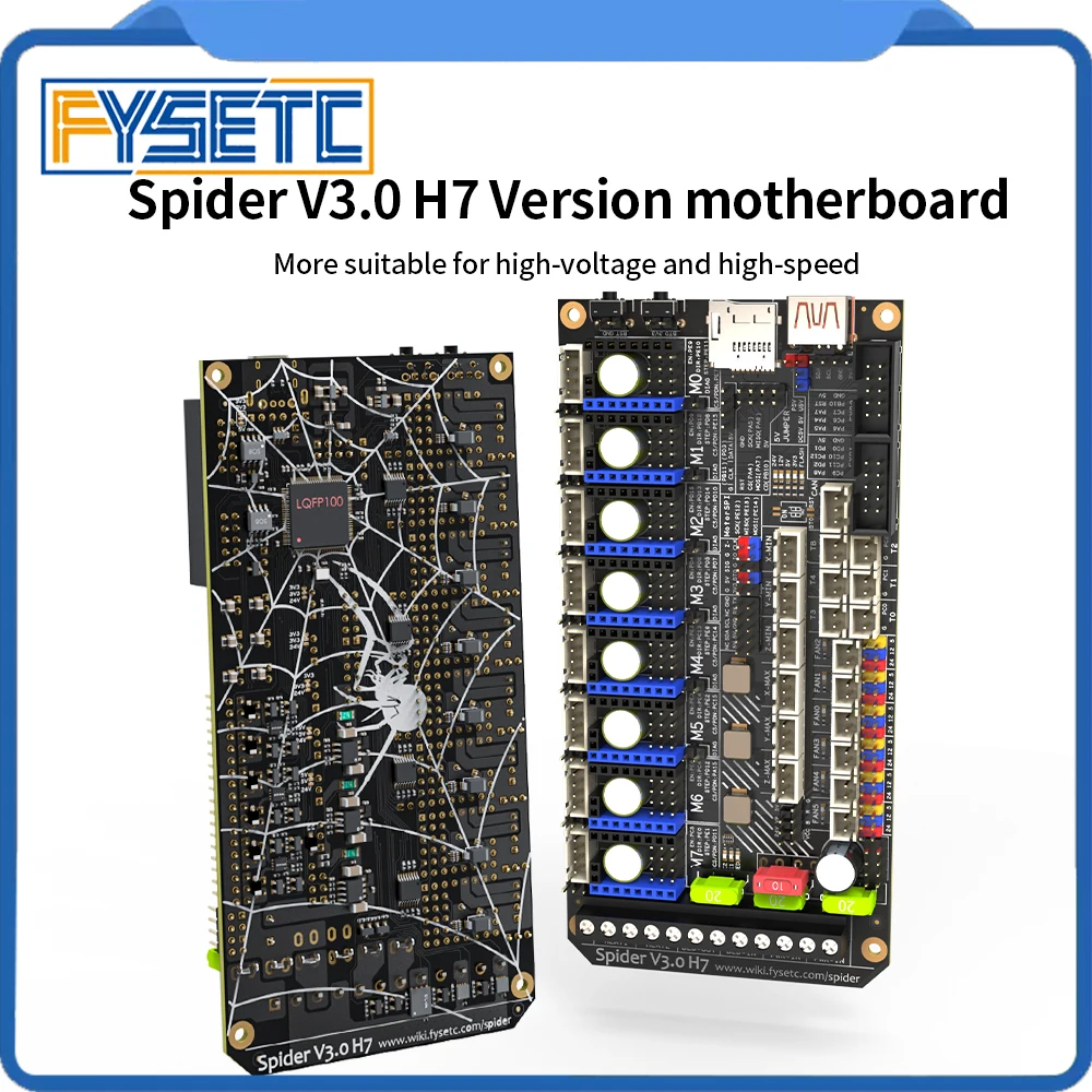 

FYSETC Spider V3.0 H7 32-битная материнская плата привода 24 В/48 В дополнительная плата питания 8-осевая TMC5160T TMC2209 Высокоскоростная для Voron