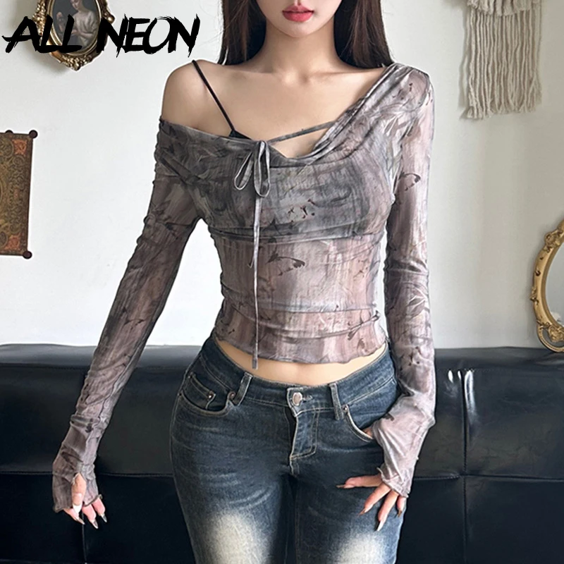 

ALLNeon Fairycore Mesh See Through Long Sleeve Crop Tops Sexy Streetwear Blouses Y2k Coquette Butterfly Print Bandage T-shirts