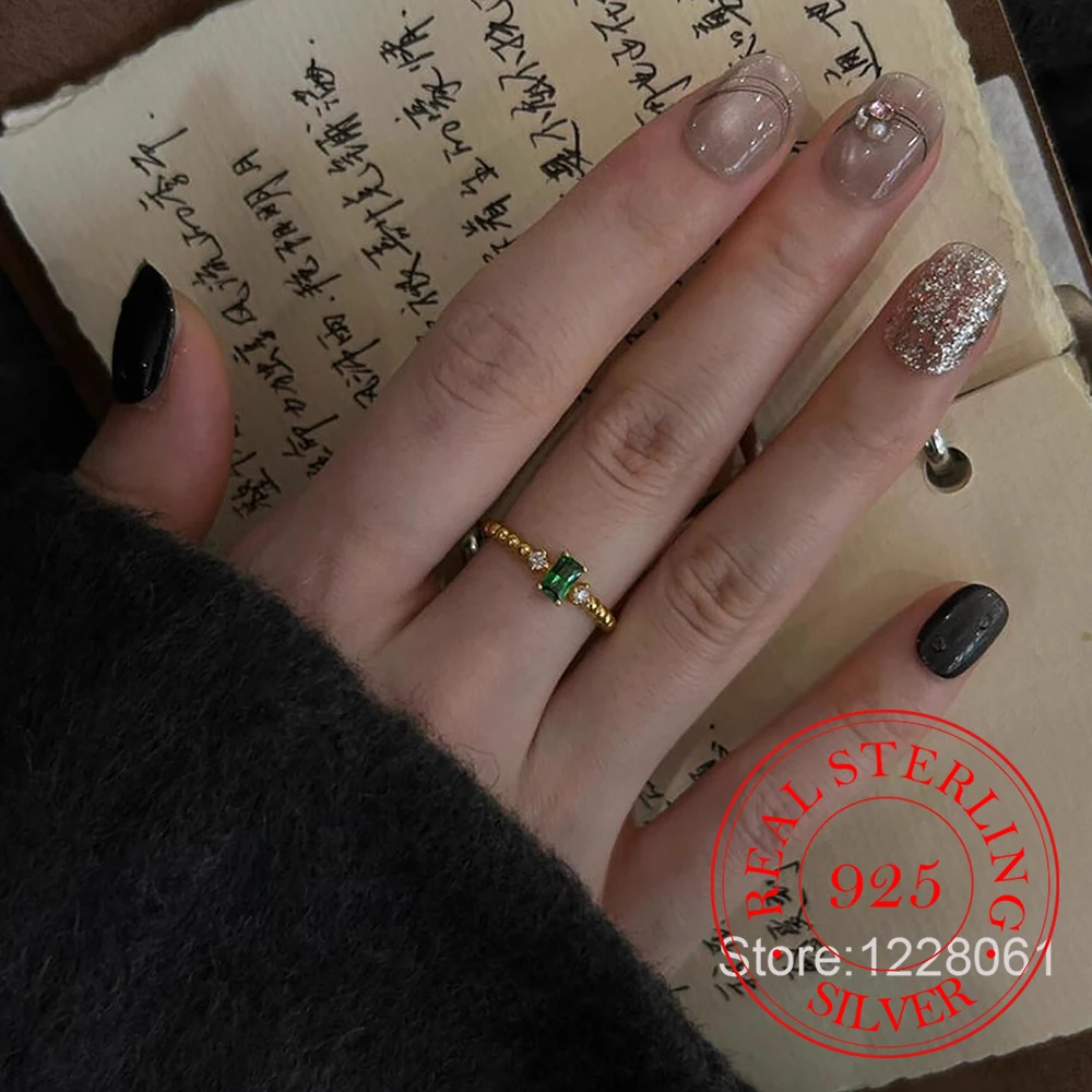 925 Sterling Silver Jewelry Luxury Geometric Green Crystal Finger Rings for Women Wedding Party Jewelry For Girls Friends Gift
