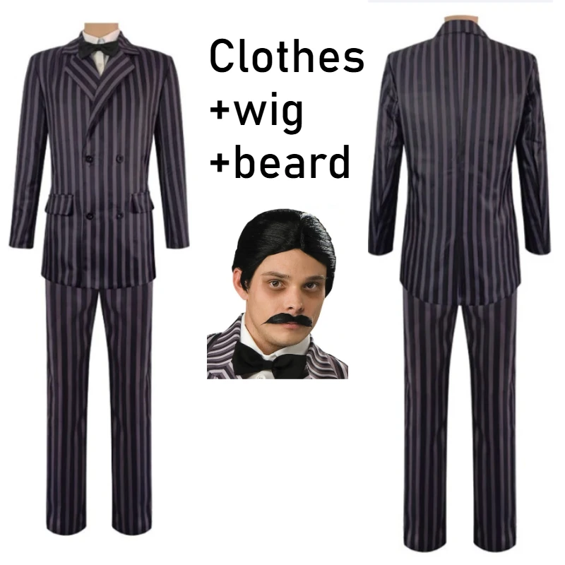 

Movie Wednesday Gomez Addams Wig beard Cosplay Costumes Suit Halloween Carnival Outfit Men Coat Shirt Pant Tie Suit Uniform
