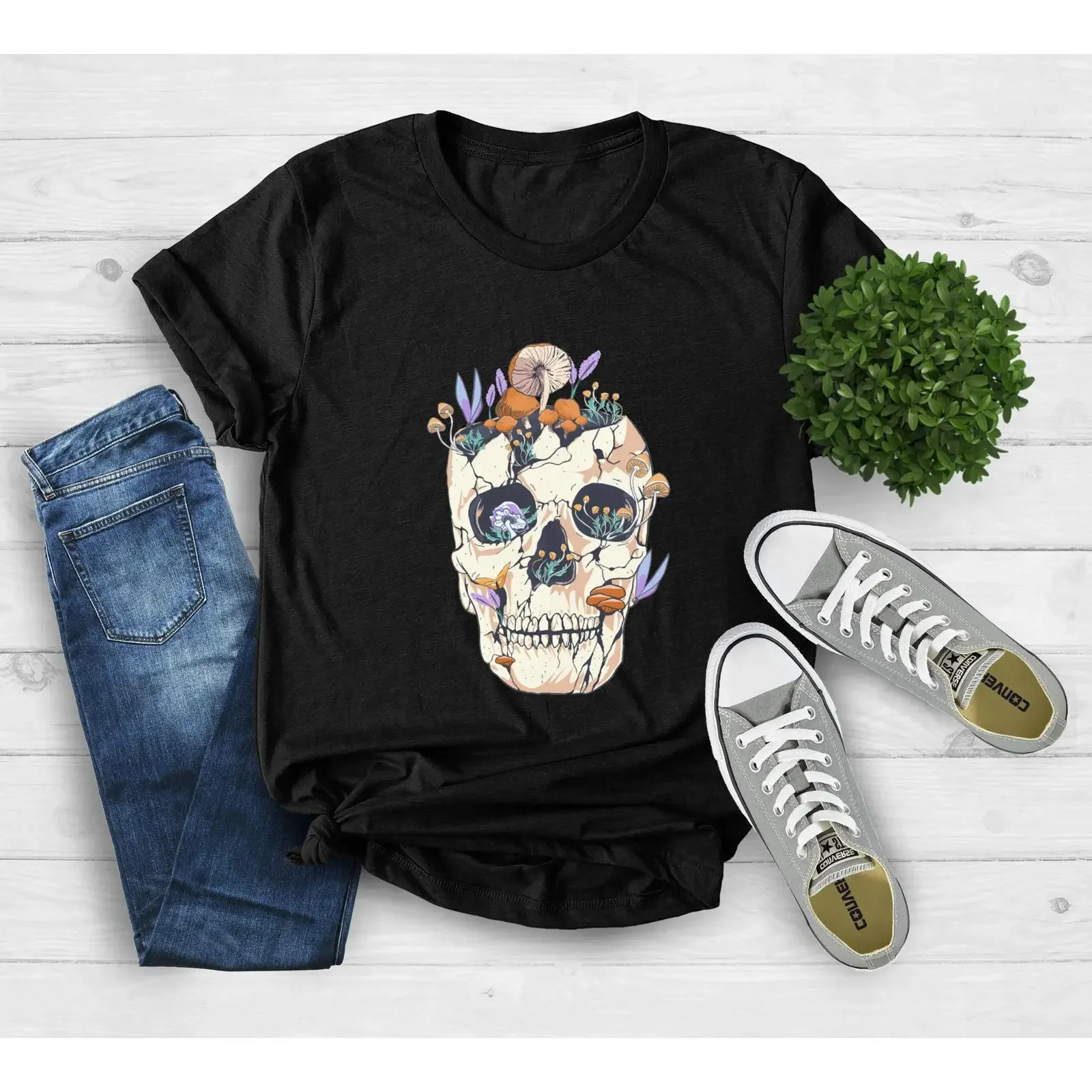 Mushroom Skull T Shirt Cottagecore Goth Skeleton Mycologist Halloween  vintage Washed Stretched Comfortable