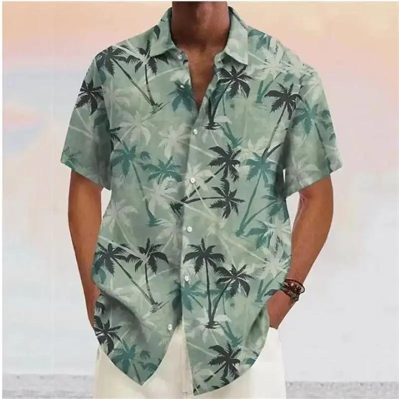 Men\'s Shirts 2023 Coconut Tree Print Lapel Button Shirt Blue Hawaiian Short Sleeves Fashion Designer Casual Soft 7 Colors Summer