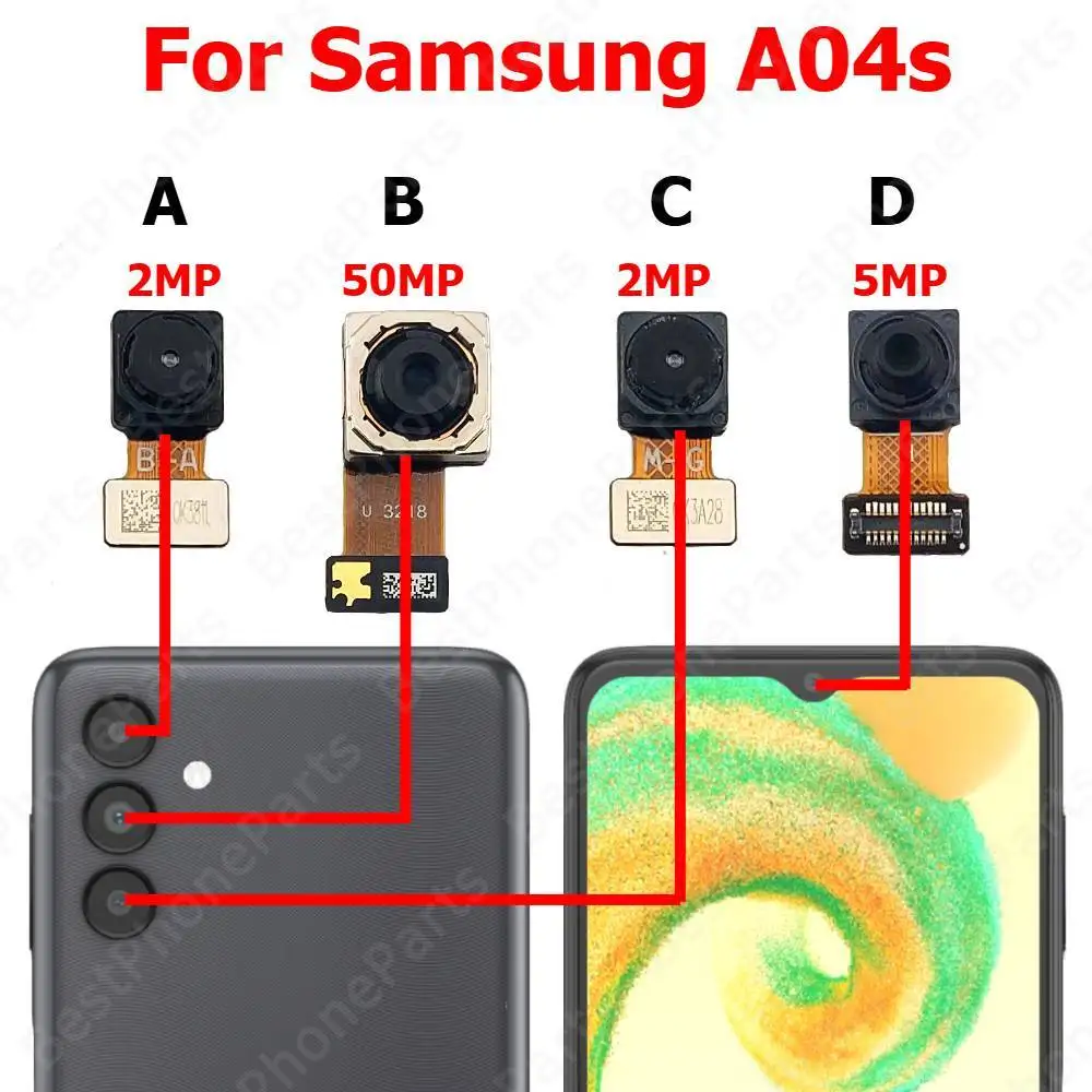 

Задняя и фронтальная камеры для Samsung A04s A047F A047M, модуль задней и фронтальной камеры для селфи, запасные части для мобильного телефона