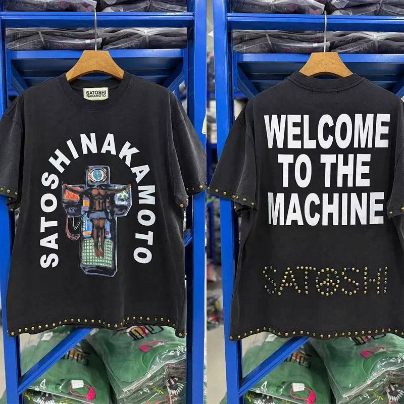 Satoshi Nakamoto Tshirt Washing Retro Rivet Letter Logo Recreational Short Sleeve Men Women Summer Tee