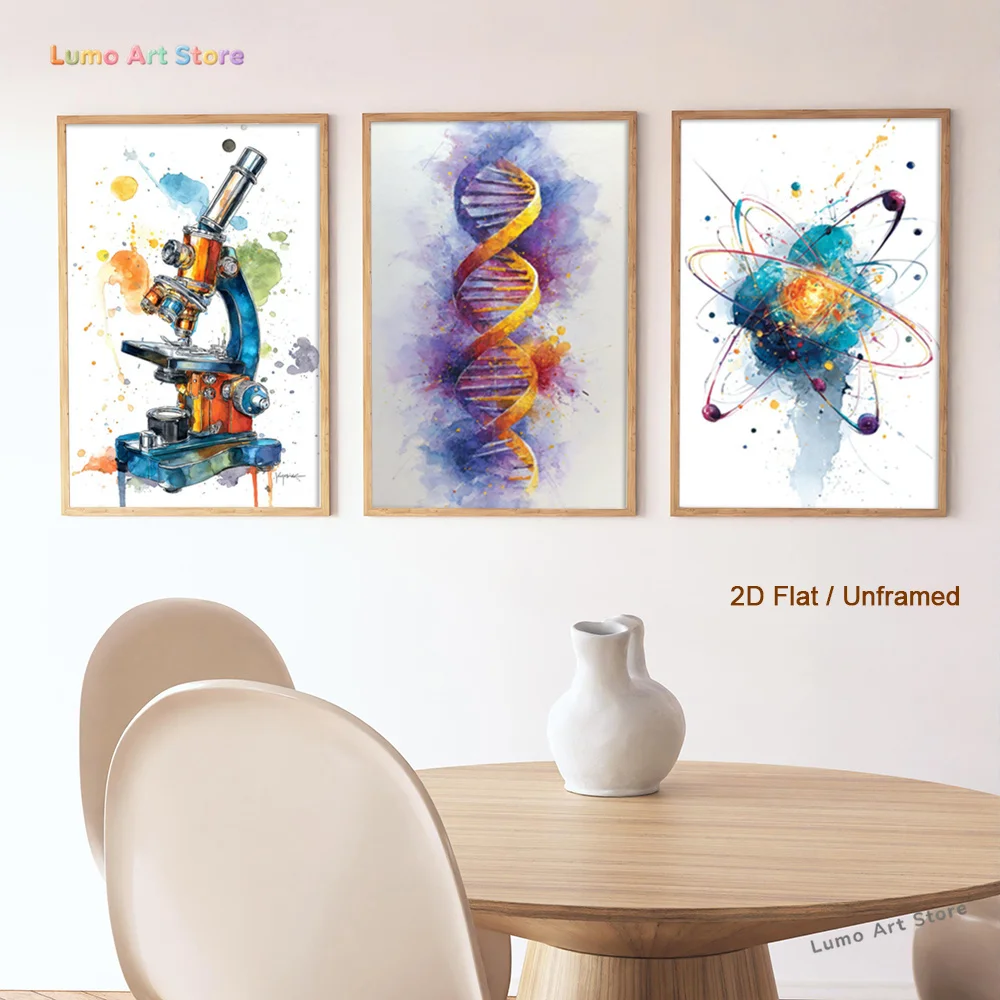 2D Flat, Set of Three Unframed 2D Science-Themed Illustrations, Featuring Watercolor Prints for Decoration. Includes
