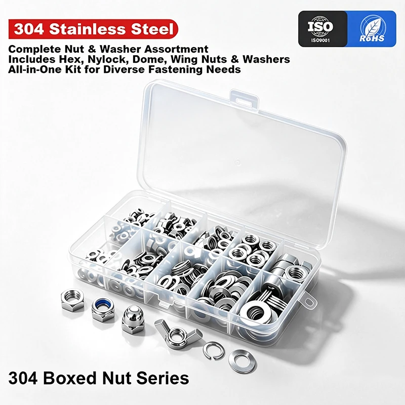 DIN934 DIN985 DIN1587 DIN315 Stainless Steel Nut & Washer Combination Kit, SS304 M3-M8 Hex Lock Cap Wing Fastener Box Set