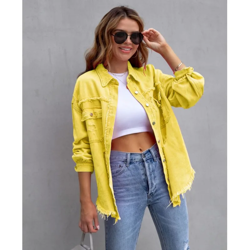 2024 fashion new mid length denim coat with frayed edges and holes women's autumn and winter long sleeved casual lapel top