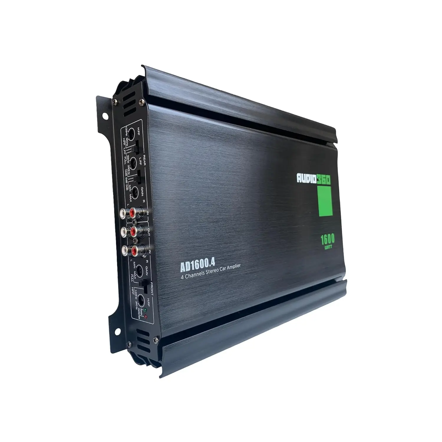 Audio360 AD1600.4 4-Ch Car Amp، 1600W Max، Compact Class AB، Bridgeable، صمامات مزدوجة 25A، 90dB SNR