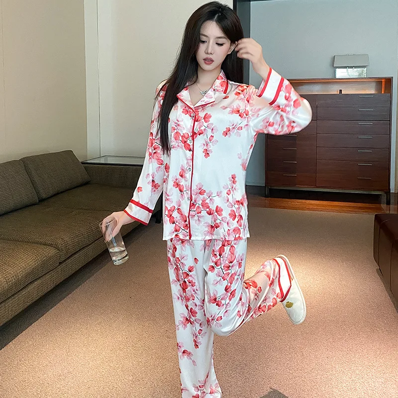 Spring Elastic Waist Pijamas Home Wear Pajamas Set Women Long Sleeve Shirt Trouser Suit Casual Print Sleepwear Loungewear