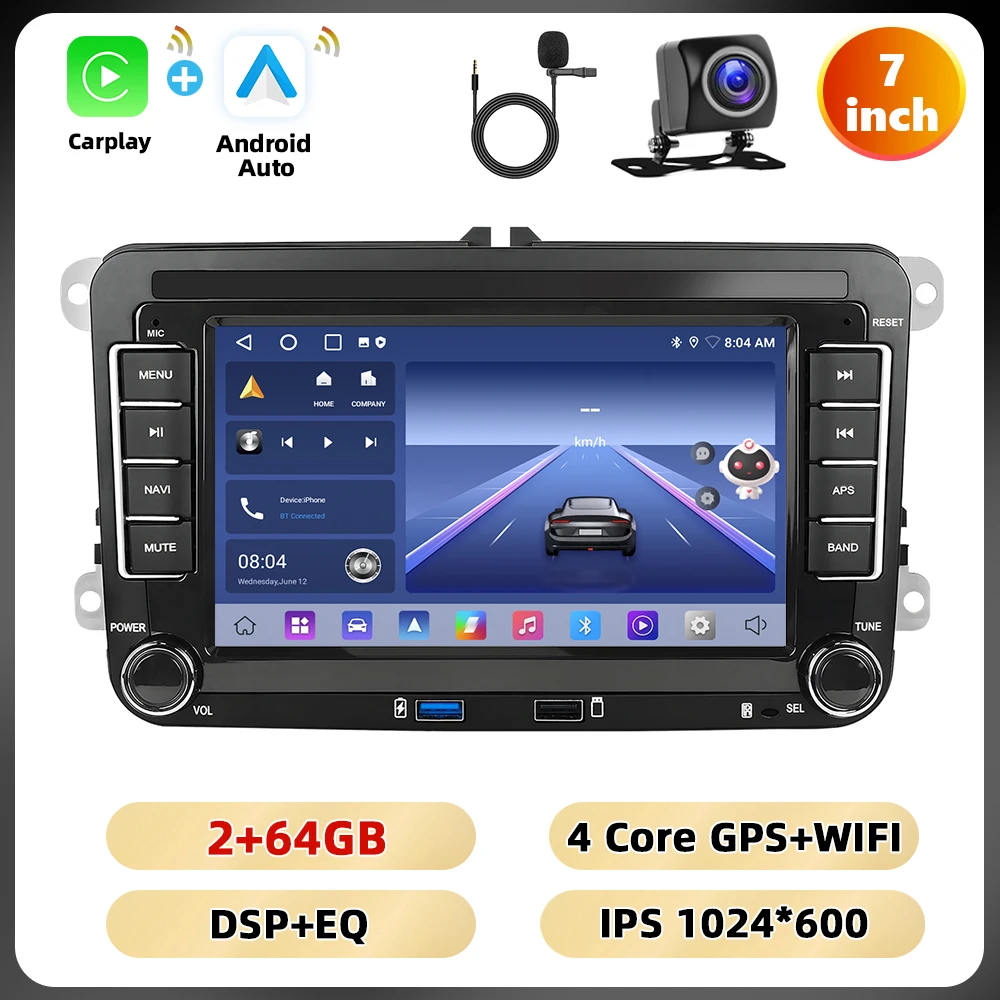 Podofo 7 ''6 + 128G Autoradio Voor VW/PASSAT/GOLF/SCIROCCO Multimedia Speler navigatie Carplay Android Auto WIFI BT RDS Auto Audio