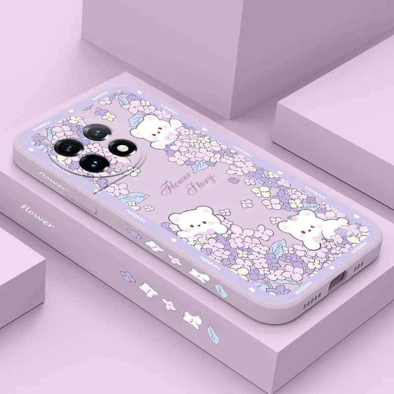 Flower Bush Bear Phone Case For Oneplus 10 10T 10R 9R 9RT 9 8T 8 7 7T Pro 5G Liquid Silicone Cover