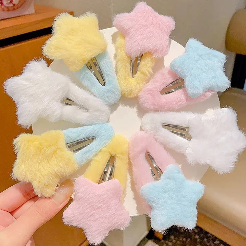 1/2pcs Y2K Star Hairpins Girls Cute Sweet Plush Trendy Autumn Winter Barrettes Pentagram Hair Clips For Women Hair Accessories