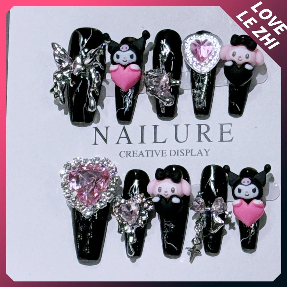 3D Long Coffin Sanriod Press On Fake Nails Bow Pearl Flowers Metal Love Mymelody Kuromi Handwork Full Cover Nail Tips Wholesale