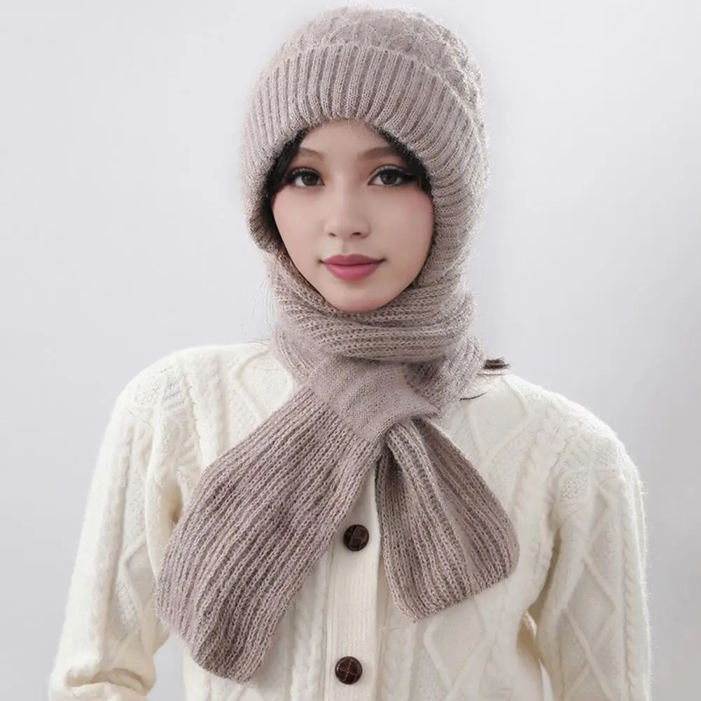 Elastic Velvet Hat Winter Women's Knitted Hat with Scarf for Weather Cycling Thick Warm Windproof Outdoor Travel Cap Velvet