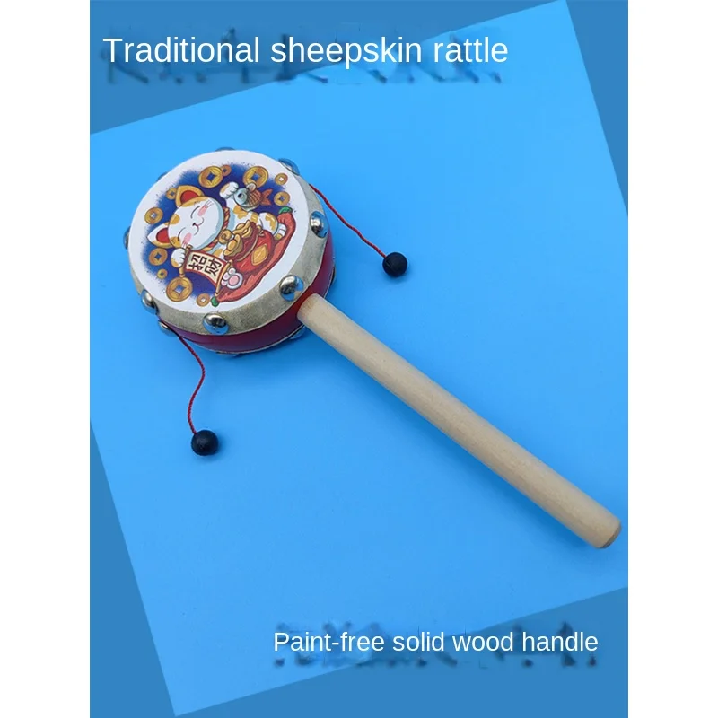 Traditional Old-Fashioned Wave No Drum Hand Swinging Tambourine Sheepskin Rattle Drum Baby Wooden Biteable