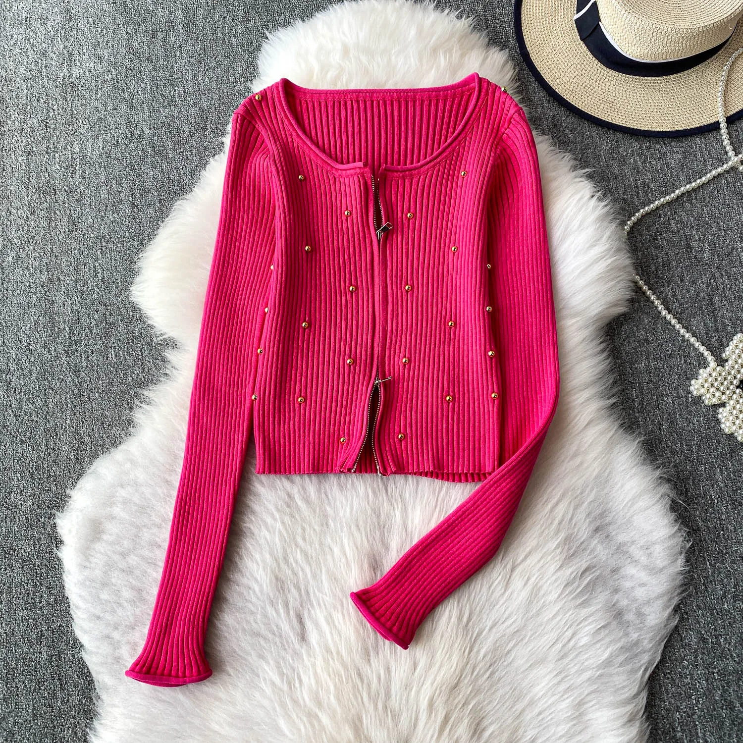 

Beading Knitted Striped Zippered Sweater Cardigan Women's Spring Autumn O-Neck Top New Loose Harajuku Long Sleeved Outwear