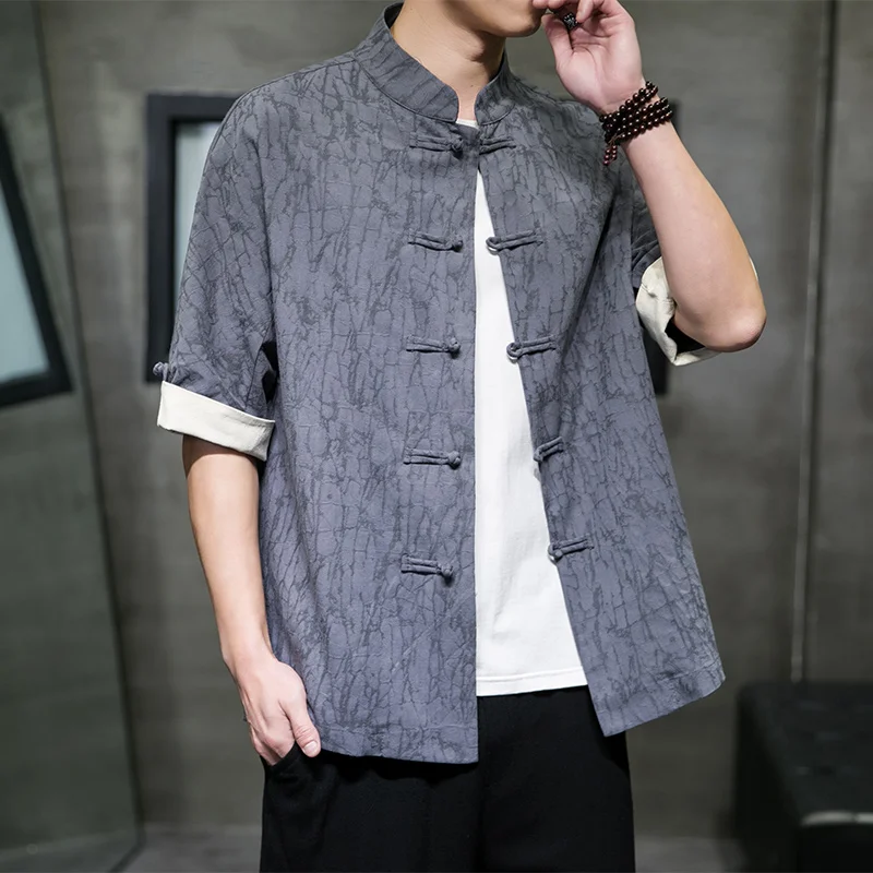 

Shirts Men Summer Retro Kimono Fashion Linen Cotton Harajuku Shirt Men Japan Samurai Traditional Casual Stand-up Collar Top Men