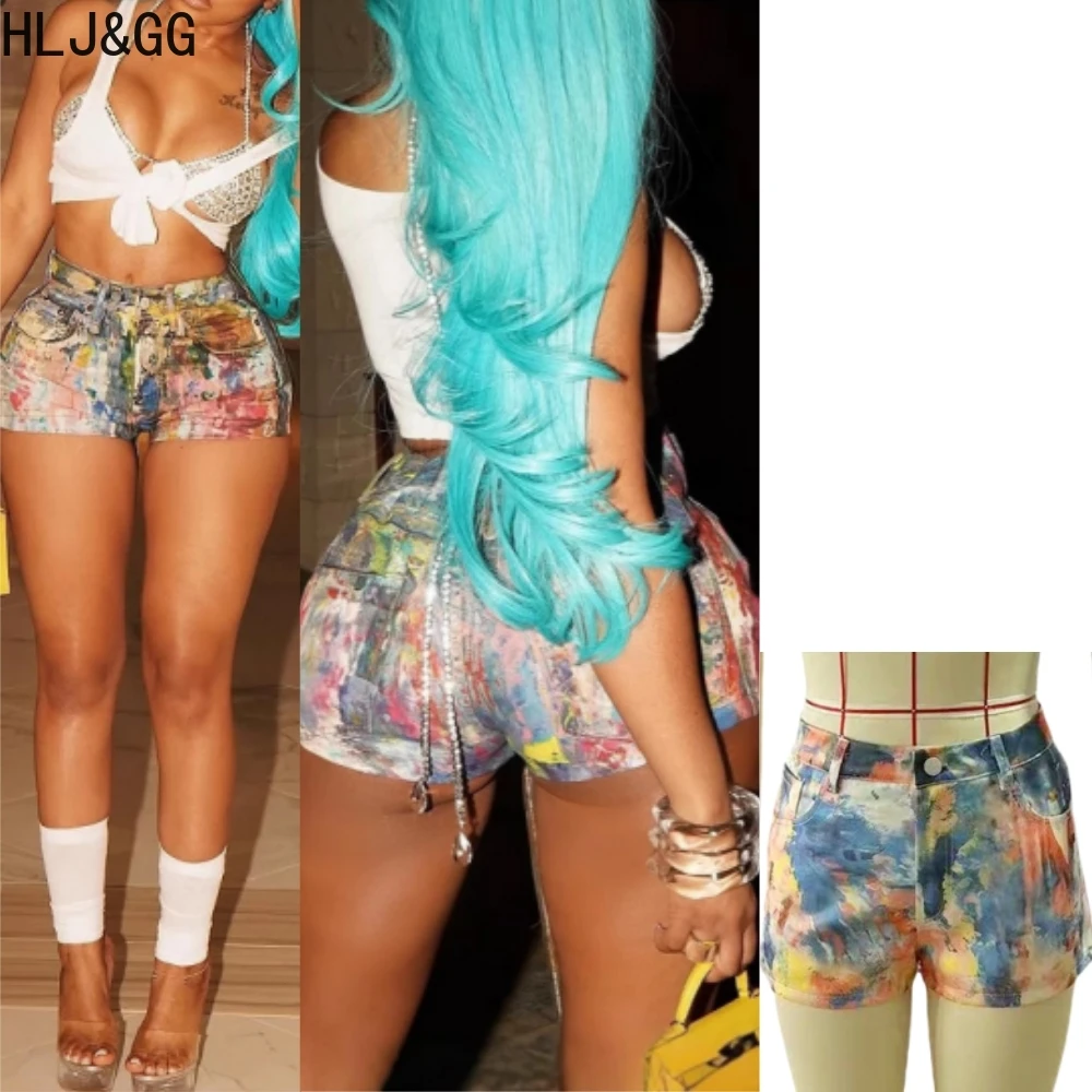

HLJ&GG Y2K Tie Dye Printing Shorts Fashion Women High Waist Button Pocket Slim Bottoms Sexy Female Clubwear Streetwear Shorts