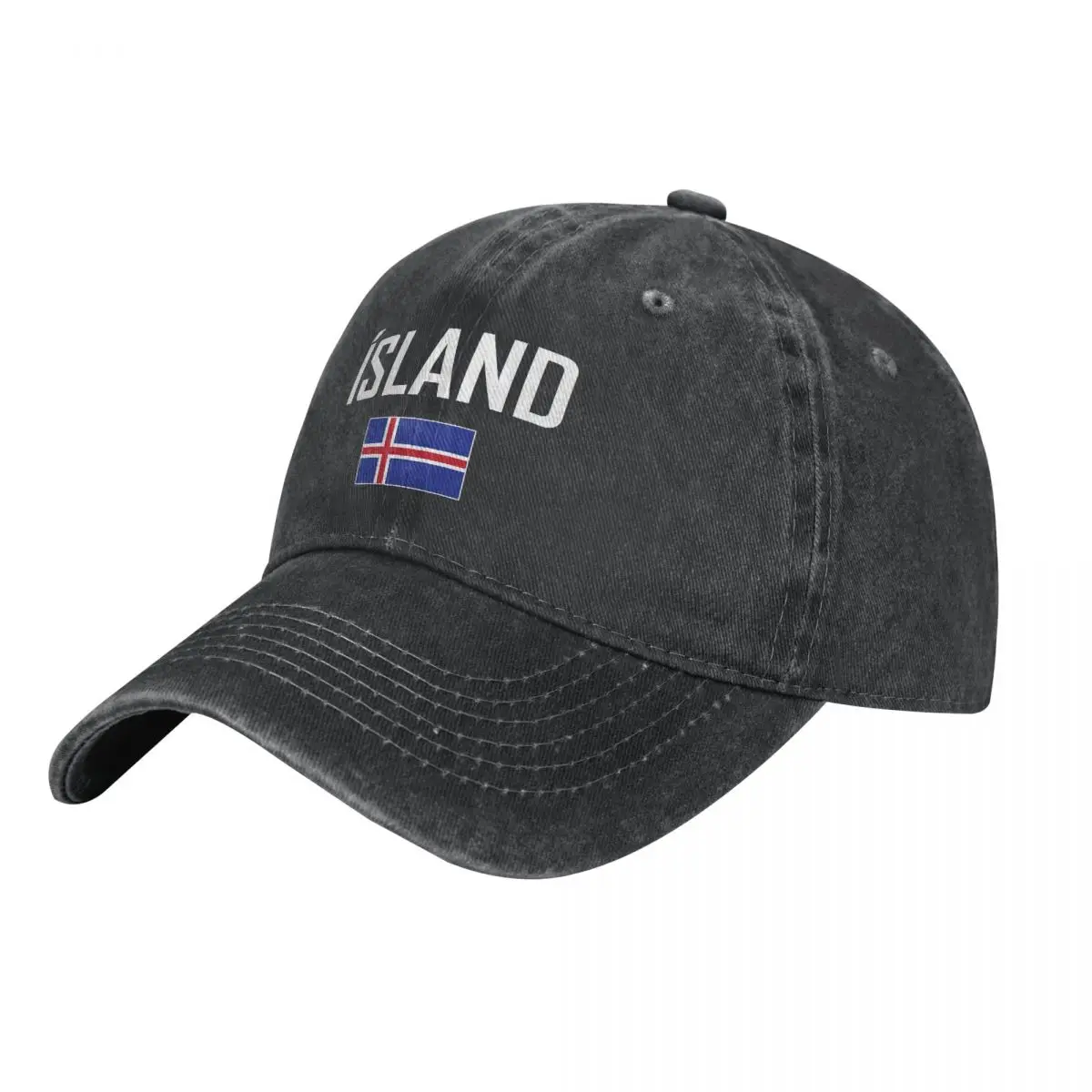 Men Baseball Cap Iceland Flag And Font Charcoal Washed Denim Classic Vintage Cotton Dad Trucker Hat Unisex Adult