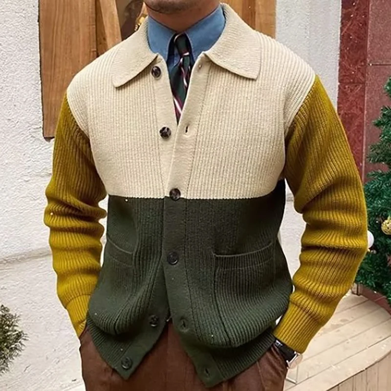 

Autumn Winter Men's Color Block Cardigan Sweater Knitwear Vintage Button Lapel Business Cardigan Coats Casual Sweater Male Knit