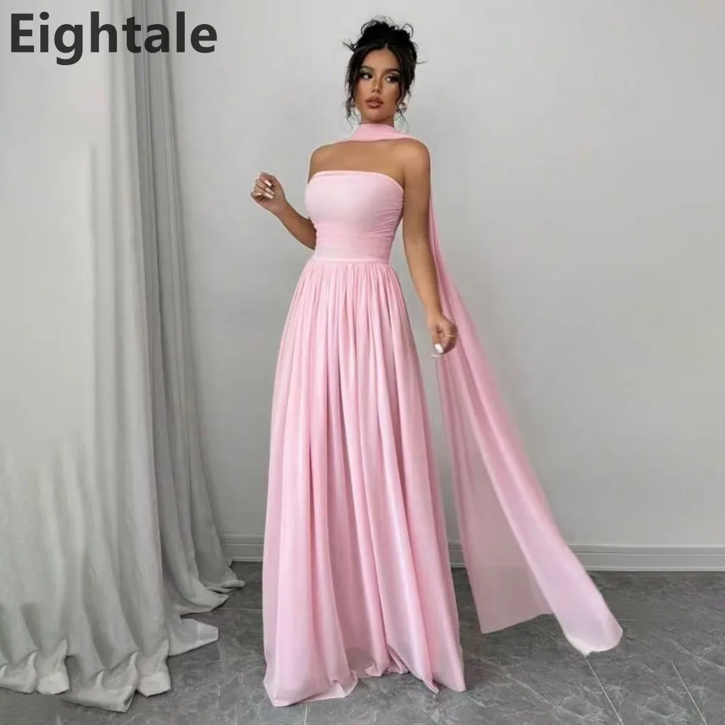 

Eightale 2025 Strapless A-Line Evening Dress Light Pink Chiffon Wrap Prom Gown for Dubai Party Customizable Saudi Arabic Style