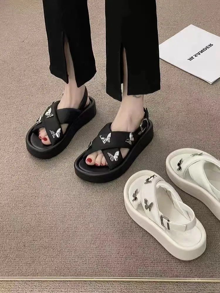 Sandals for Woman Flat Rubber Black Women's Shoes Footwear Summer 2024 Open Toe Roman Style Platform Sandal Vip H Asian Size F