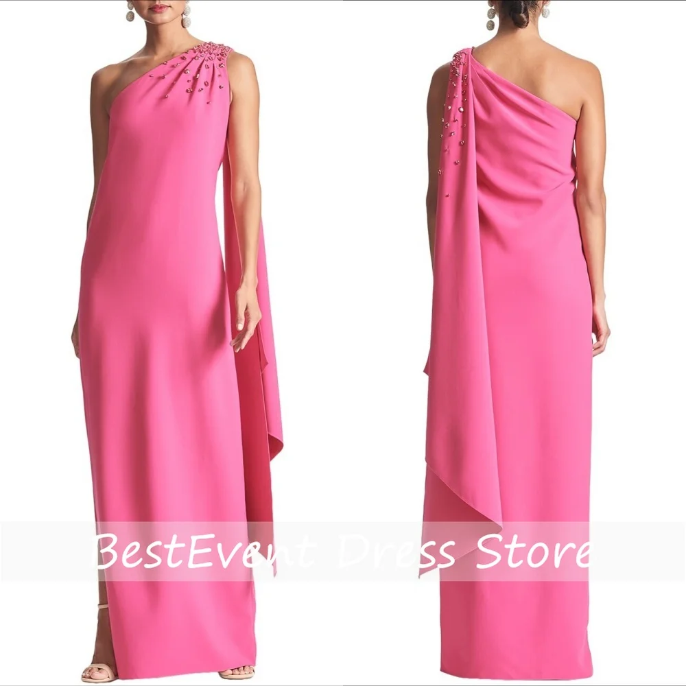 Customized Fuchsia One Shoulder Beading Straight Floor Length Bridal Party Dresses Bespoke Occasion Dresses with Shawl