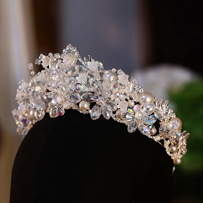 Bridal Tiara Crystal Pearl Wedding Crown Hair Accessories Luxury Bride Diadem Headdress Headband Pageant Party Headwear Jewelry