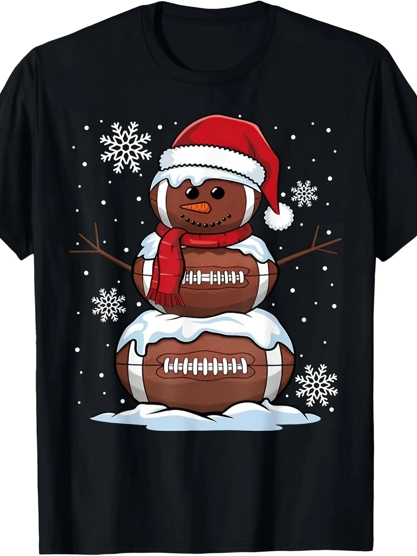 Men's and Women's Retro Football Snowman Christmas T-shirt - 220g Cotton Short-sleeved Holiday Sweatshirt with Snowman and Football Patterns, Casual Crew Neck Design, Suitable for Christmas Parties,