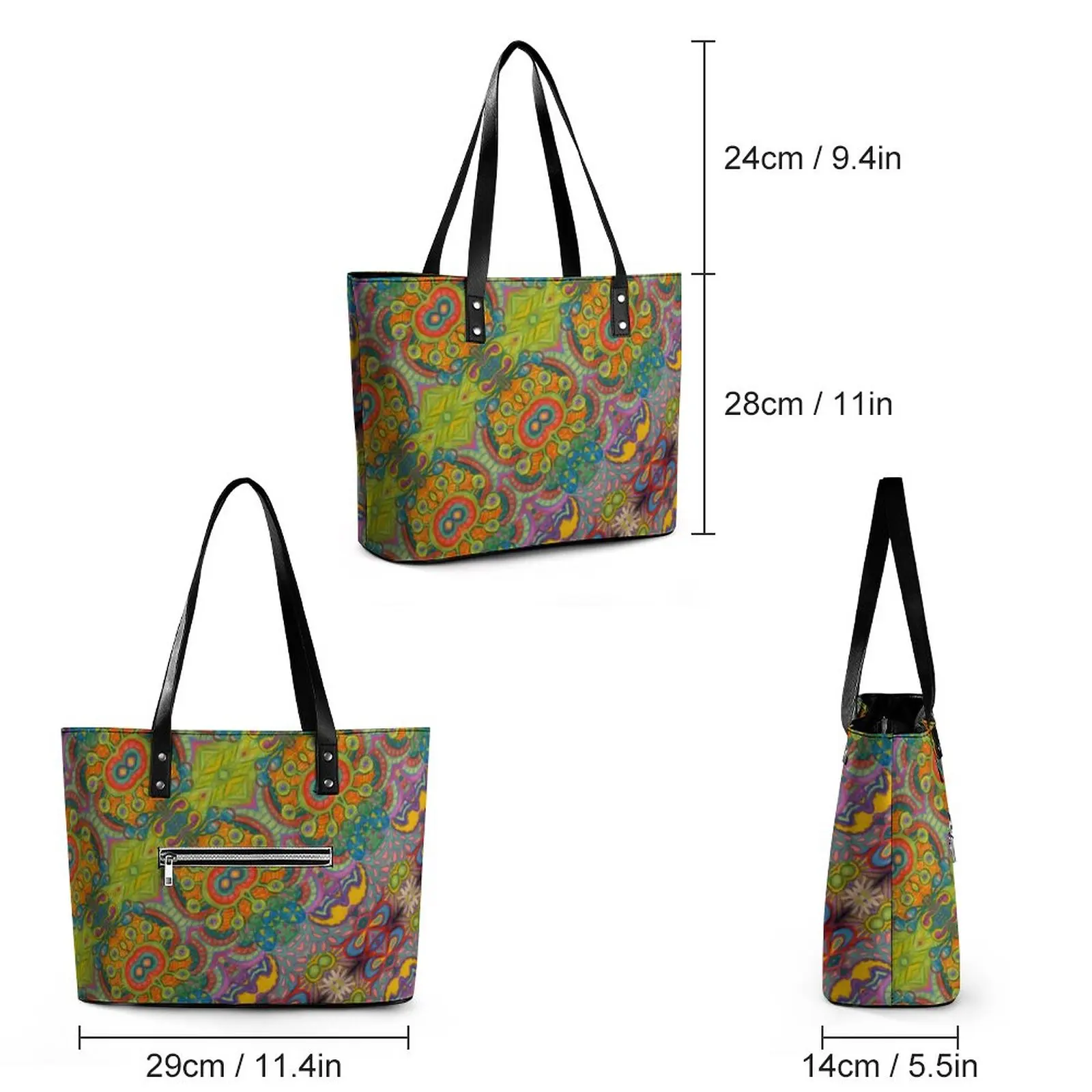 Retro 60s Print Handbags Funky Bohemian Pattern Handle Tote Bag Aesthetic PU Leather Shoulder Bag Office Designer Beach Bags