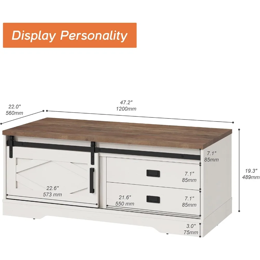 Mesa de centro retangular de fazenda com armazenamento para espaços vivos, mesa de jantar de 47,2 x 22 polegadas com porta deslizante de celeiro