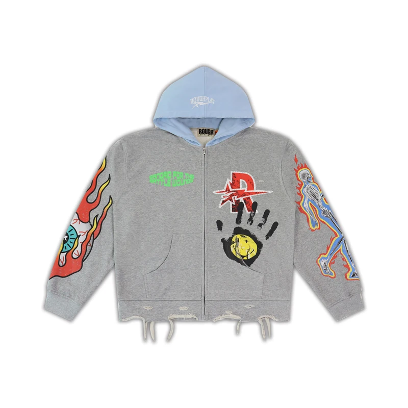 26SS New Rough Play Men's Sets American Style Retro Washed Outdated Trend Skull Print Hoodie Shorts Two Piece Sets view 2