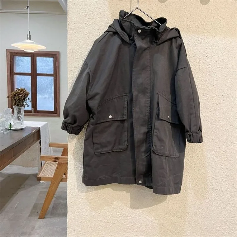 

Новое поступление, детский осенний плащ унисекс в корейском стиле с капюшоном, водонепроницаемая ветровка средней длины, верхняя одежда для малышей