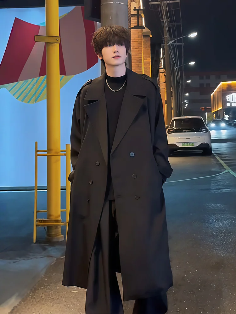 

Bla Korean Sle M Coat over Knee Length Double Row Buttons Mid-Length Windbreaker Outerwear Cool Sle Pure Color