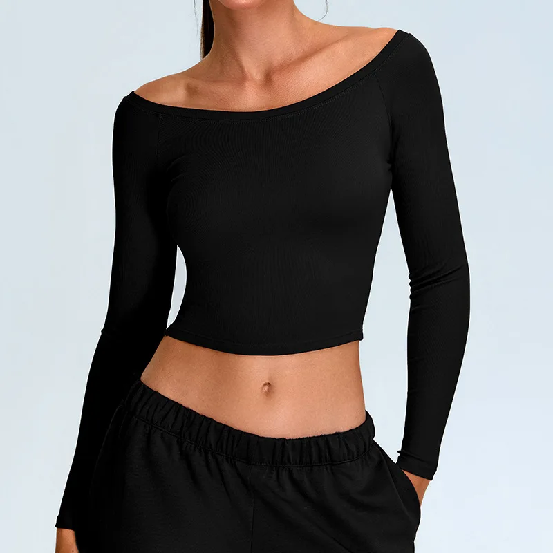 Off Shoulder Long Sleeve Yoga T-shirts Women Solid Sports Top Gym Workout Running Shirts Sexy Quick Dry Fitness Gym Sport Wear