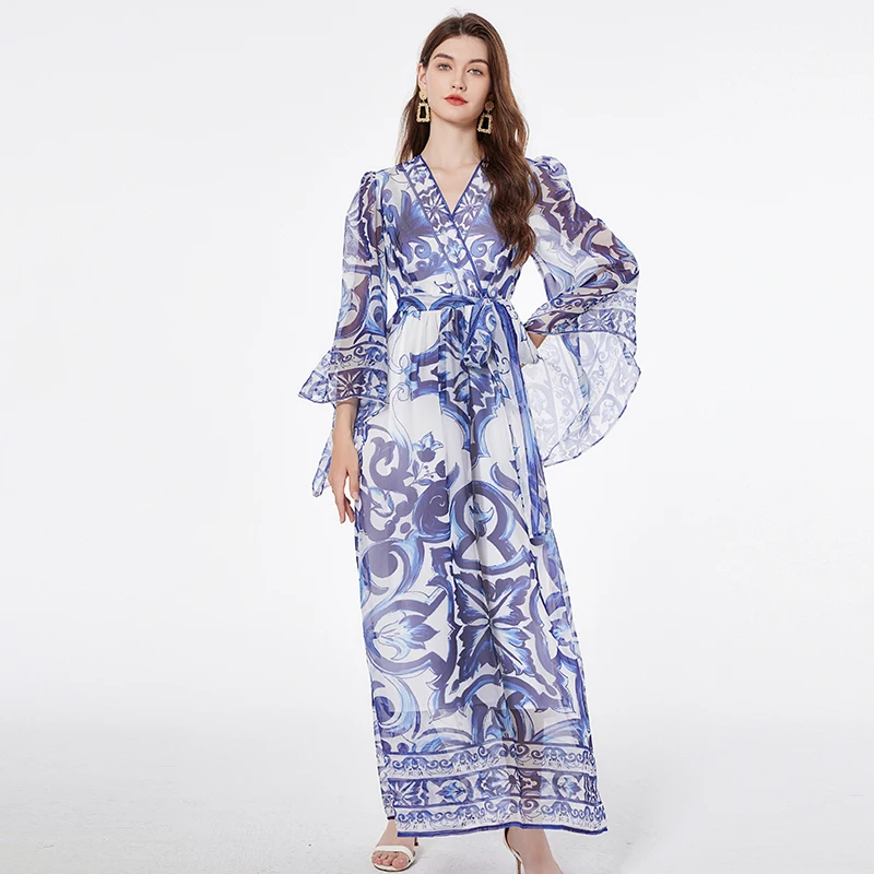 Summer Bohemian Red Blue And White Porcelain Dress Women's Batwing Long Sleeve Floral Print Beach Runway Party Robe Maxi Vestido