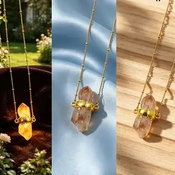WT-N1290  New Wholesale Double Loops 18K Gold Plated Yellow Quartz Stone Necklace Fashion Hot Double Point Fashion