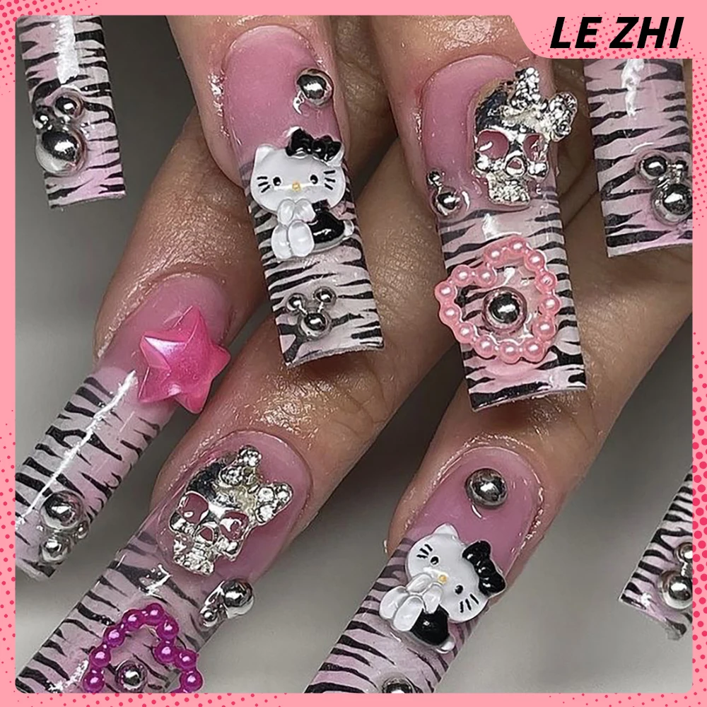 XXL Long Rectangle Y2K Hello Kitty Nails Art Handmade Pink Zebra-print Kumi Bow Cute French Customizable Press on Nail Tips Gift