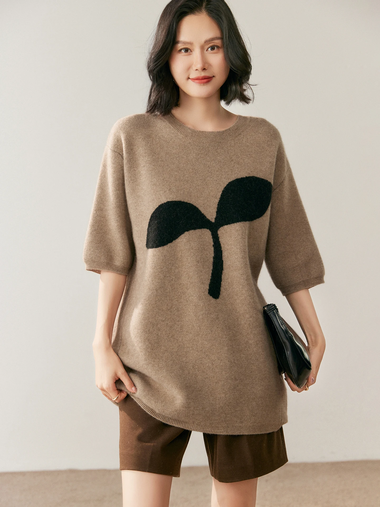เสื้อสเวตเตอร์แคชเมียร์แท้ 100% สำหรับผู้หญิง คอทรงโอ แขนยาวครึ่งตัว ผ้าแจ็คการ์ด ทรงหลวม ถักนิตติ้ง เนื้อนุ่ม สวมใส่สบาย เหมาะสำหรับฤดูใบไม้ร่วงและฤดูหนาว