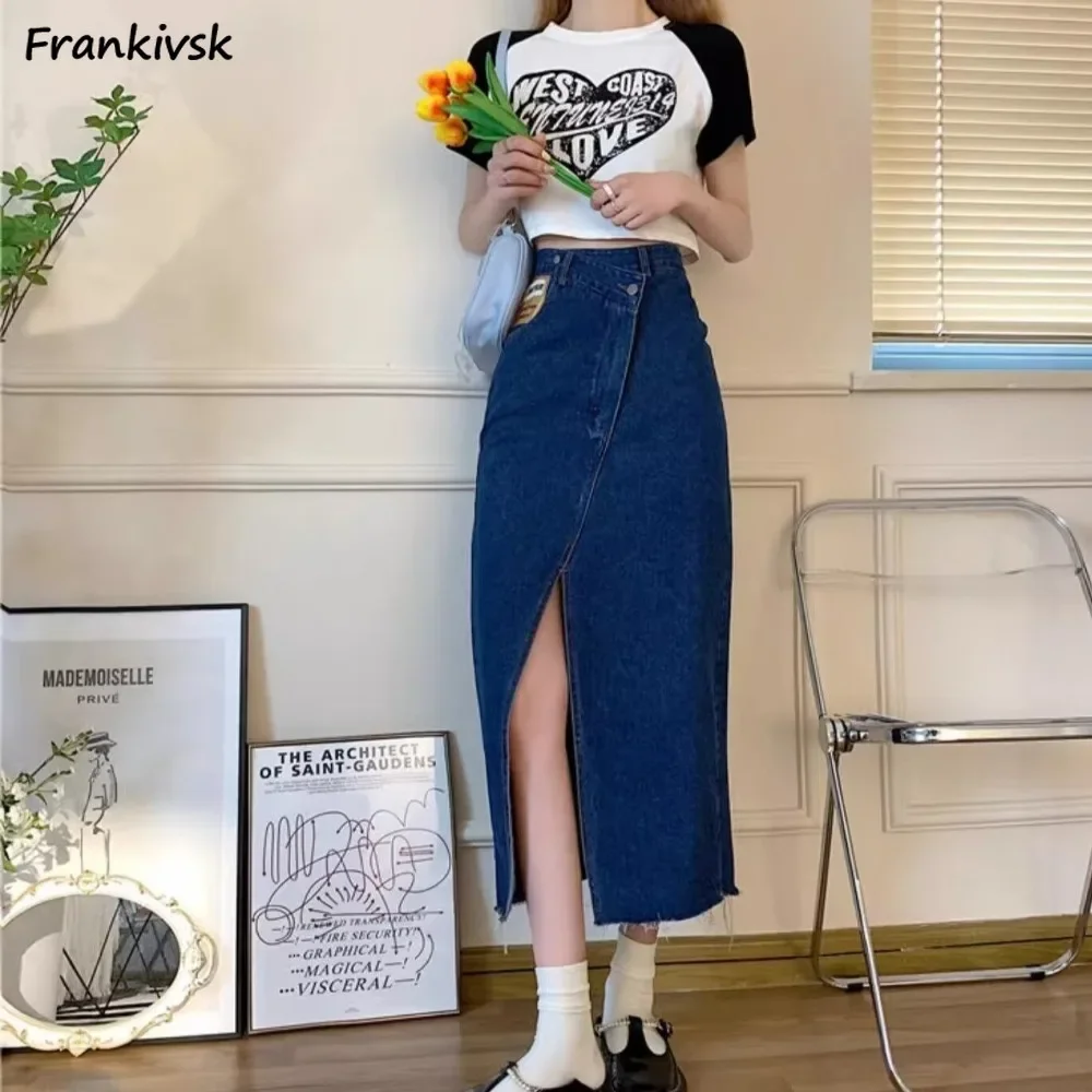 

Women's Skirts Denim Raw Edge Fashion Solid Side-slit Temperament Package Hips Korean Style Elegant College Commuting Simple Fit