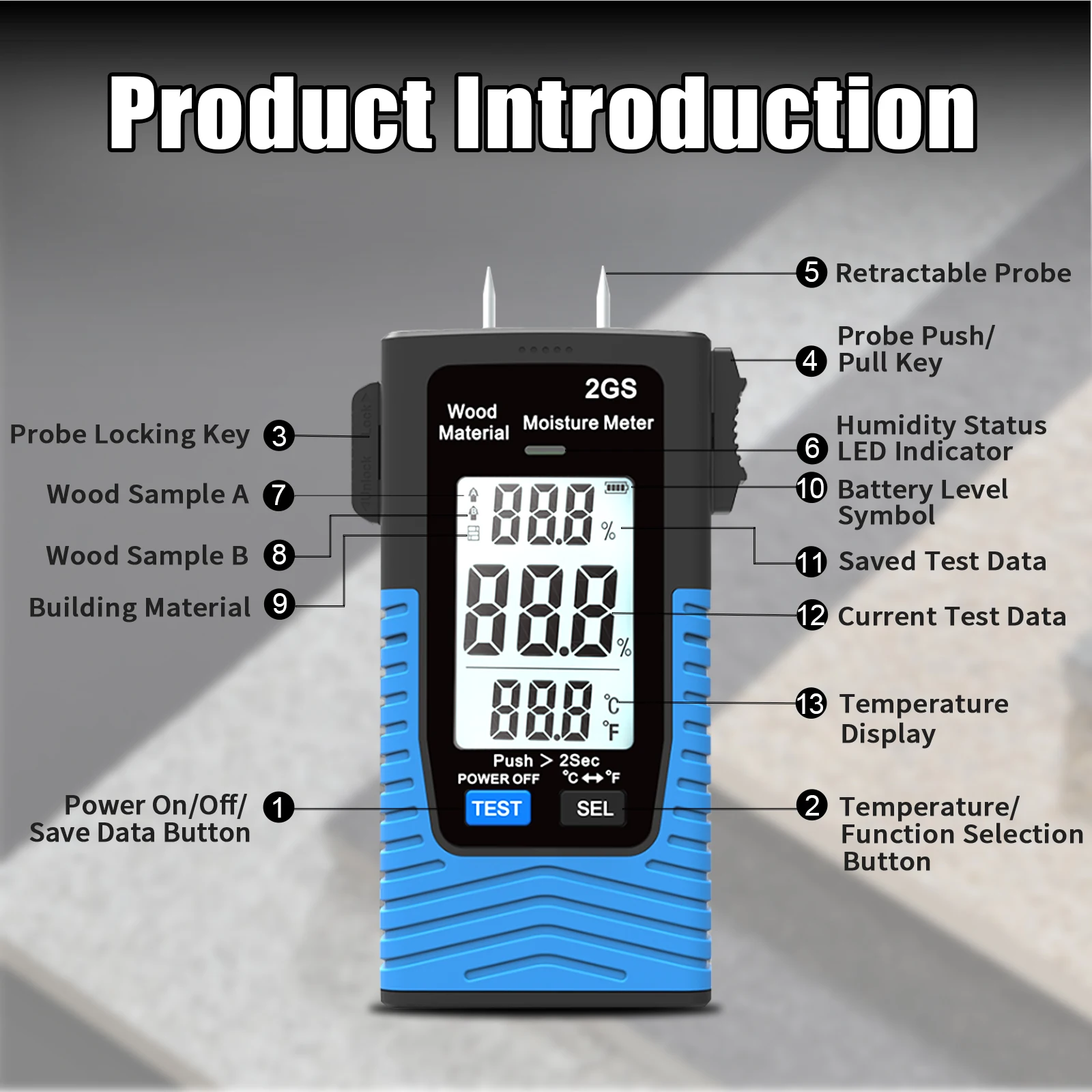 HP2GS Pin-Type Wood Moisture Meter, Digital Humidity Detector with Retractable Probe for Lumber Drywall & Building Materials