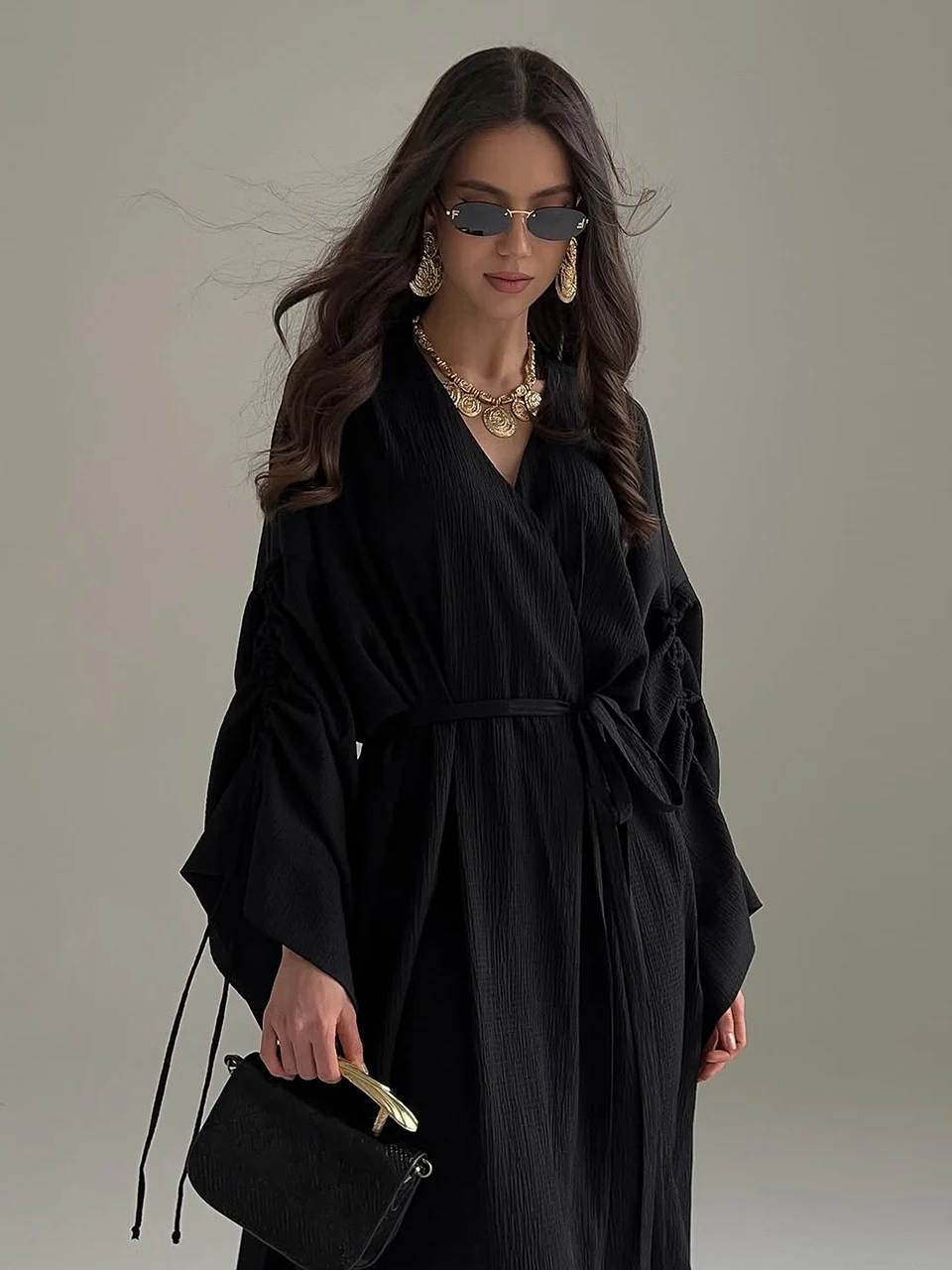 Marthaqiqi Winter Ladies Sleepwear Lace Up Pajamas Long Sleeve Robe V-Neck Nightgowns Ankle-Length Dress Casual Female Nightwear