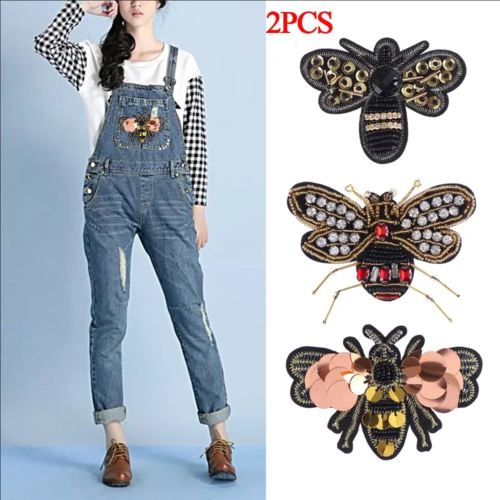 2pcs Bags Beaded Embroidery Rhinestone Sequin Patches Bee Badge Sew on Patch Crystal Applique