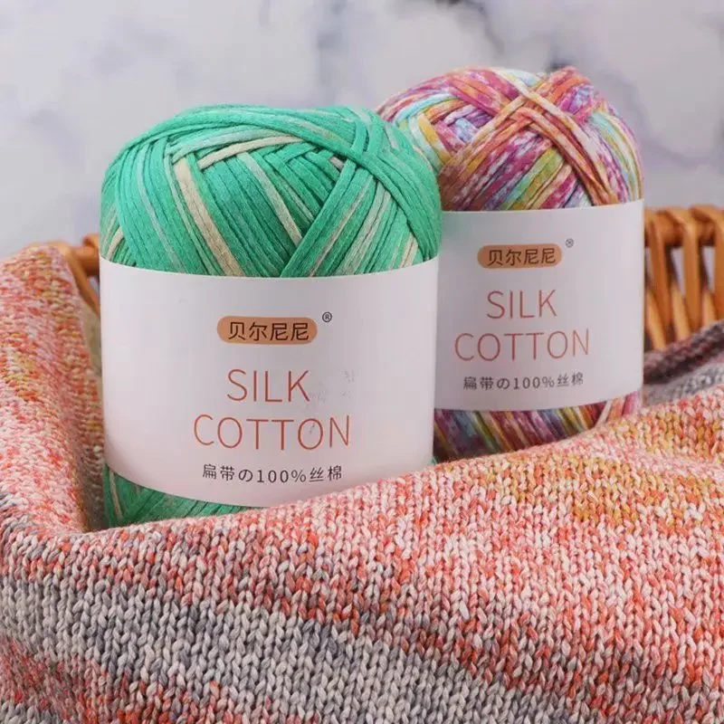 40g Dyed 100% Silky Cotton Yarn,Fancy Hollow Flat Ribbon Silk Yarns for Knitting, DIY Carpet, Hat, Sweater, Scarf Crochet Thread