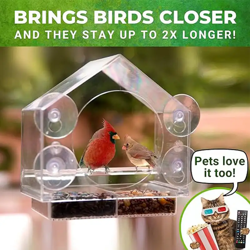 Transparent Acrylic  Window Bird Feeder Hanging Bird Feeder House with Suction Cup for Garden Outdoor Backyard Wildlife Birding