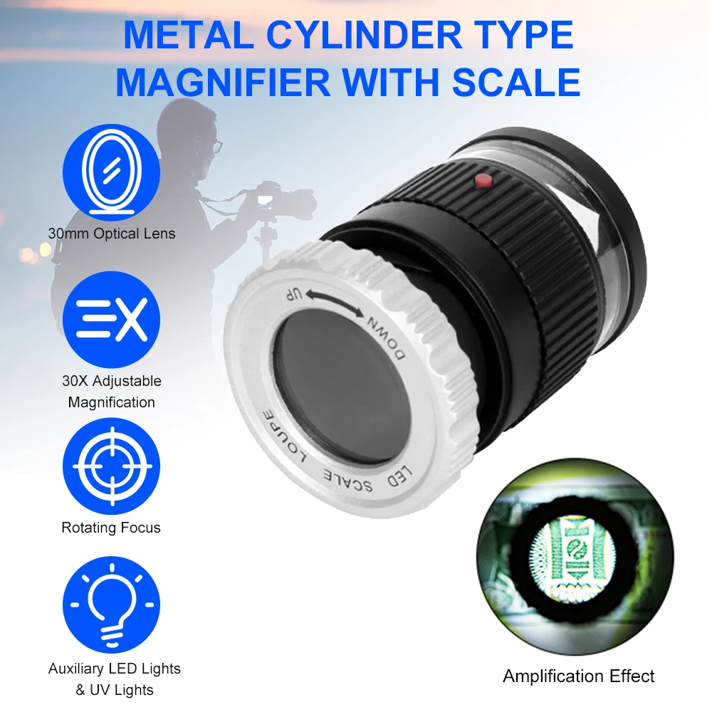 

LED Scale Loupe 30X Adjustable Magnification Magnifier Metal Cylinder Type Mirror with Scale Reading Mirror Jewelry Magnifier