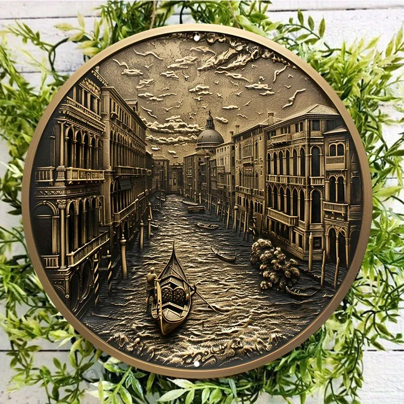 

Venice Canal and Waterways Aluminum Metal Sign, Round Wall Art Decor with Gold Frame Design, Waterproof and Weather Resistant