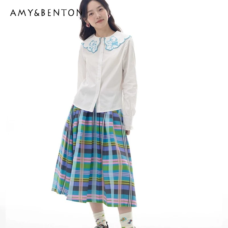 

Autumn Winter New Plaid Slimming Pleated Women's Skirt Original Design Retro Versatile Casual Slimming Mid-Length Skirts Ladies